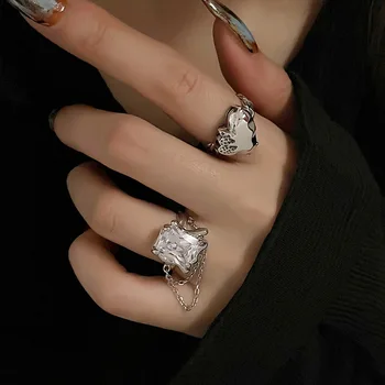 Goth Kalp Geometrik Zirkon Zincir Yüzük Kadınlar İçin Paslanmaz Çelik Gümüş Renk Ayarlanabilir Parmak Yüzük kore modası Takı Hediye
