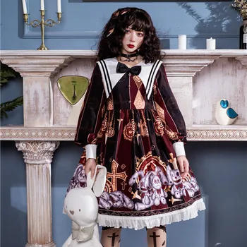 Gotik Koyu Lolita Elbise Turn-aşağı Yaka Dantel İlmek Kawaii Elbise Tavşan Baskı Lolita Op Fener Kollu İctorian Elbise Cos