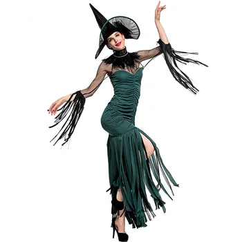 Gotik Yeşil Sıkı Kadın Cadılar Bayramı Cadı Kostüm Kadın Büyücü Cosplay Karnaval Purim Sahne Rol Oynamak Gösteren Bar Parti Elbise