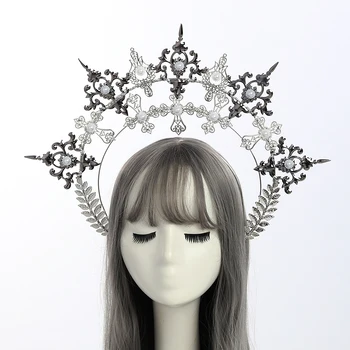 Gümüş Halo taç Kadınlar için Barok Cadılar Bayramı Headdress Lolita Diyafram Prenses Headdress Saç Çember El Yapımı