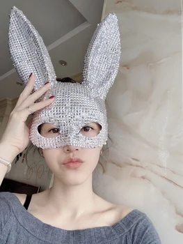 Gümüş perçin tavşan maskesi tavşan kulakları gogo kadın parti kız sahne maskeleri