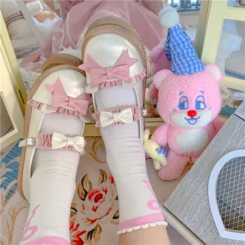 Hakiki Deri Ayı Kulak Kawaii Tarzı Lolita Ayakkabı Japon Yeni Yuvarlak Ayak Yay Sevimli Yumuşak Kız Düz Kadın Düşük Topuk Jk Üniforma Cos