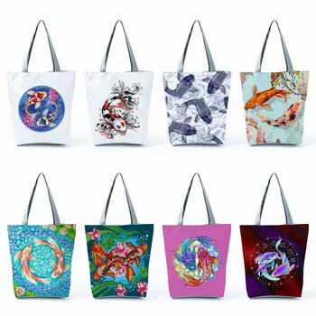 Harajuku Estetik Vintage Özelleştirilmiş Omuz alışveriş çantası Japonya Koi Balık Grafik Baskılı Kadın 2022 Yeni moda büyük el çantası Çanta