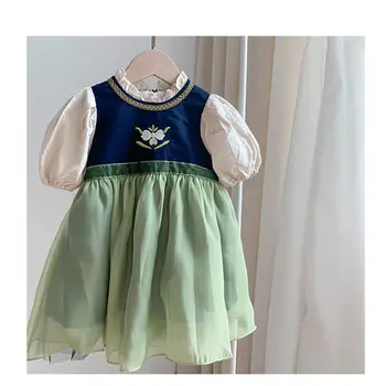 Işlemeli Elbiseler Çocuklar için Yürümeye Başlayan Aline 2021 Yaz Retro Kızlar Aline Elbise Çocuklar Uzun Kollu Ruffles Bebek Kız Prenses