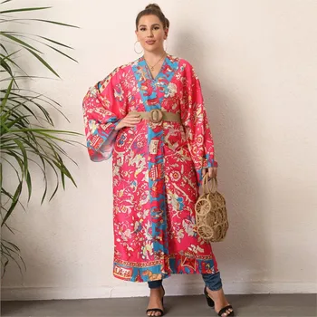 Japon Kimono Baskı Uzun Kollu Hırka Kadın Bluz Kimono Gevşek Rahat Plaj Cover Up Boho Elbise Parti Kaftan Elbiseler 2023