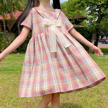 Japon Kolej Tarzı Denizci Yaka Tatlı Örgü Yay Kısa Kollu Yüksek Bel Gökkuşağı Ekose Elbise Kadın Yaz lolita elbise