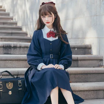 Jk Üniforma Kostüm Sevimli Tatlı Derin Mavi Lolita Üst Öğrenci Pilili Elbise Kadın Lolitas Kawaii Yay Vintage Fermuar Japon Elbise