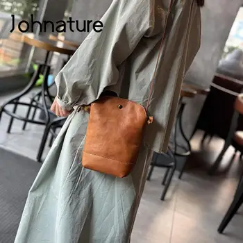 Johnature Eğlence Kadın Çantası 2022 Yeni Hakiki Deri Cep Telefonu Küçük omuz çantaları Basit Yumuşak İnek Derisi askılı çanta