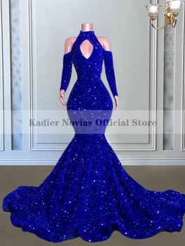 KADIER NOVIAS Uzun Kollu Kraliyet Mavi Mermaid Gelinlik Modelleri Yüksek Boyun Pullu Ünlü Akşam elbise Vestido De Fiesta