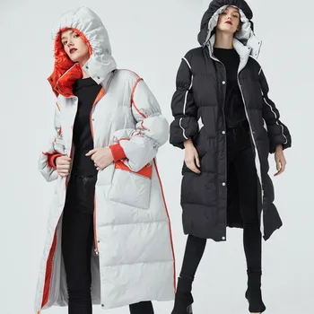 Kaliteli Kalın Sıcak şişme ceket kadınlar Uzun Kapşonlu Beyaz Ördek uzun kaban Kontrast Renk Moda Gevşek Ceket Kabarık Kabarcık Giyim