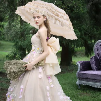 Kawaii Güneş Koruma Kamışı Bayan Şemsiye Kızlar Vintage Düğün Dantel Uzun Saplı Şemsiye Bahçe Guarda Chuvas Hediye Adam için