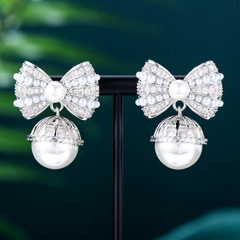 Kellybola Lüks Muhteşem Sevimli Yay Küpe Kadınlar Düğün Parti İçin Parlak inci küpeler Kristal moda takı Yüksek Kalite