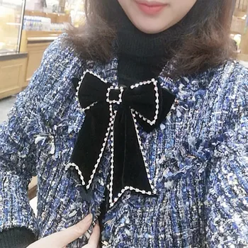 Kore Siyah Kumaş Yay Broş Dantel Kristal İnci Bowkont Kravat Gömlek Yaka Moda Broş Kadınlar Takı Aksesuarları için