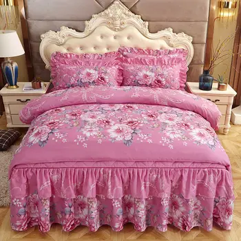 Kore versiyonu dantel yatak etek yatak örtüsü 4 parça prenses tarzı dantel nevresim tek kişilik çift kişilik yatak
