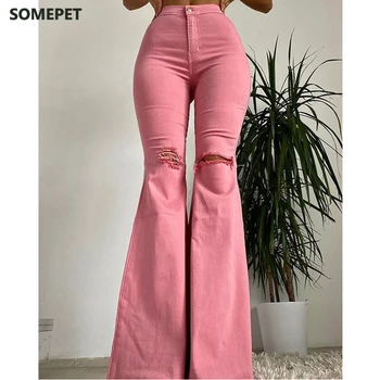 Kot Kadın Slim Fit Düz Renk Çan dipleri Klasik Tarzı Yırtık Yüksek Bel Uzun Kot Pantolon Sokak Retro Tarzı Sıkı Kot