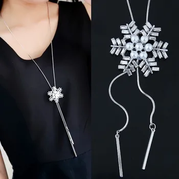 Kristal Uzun Kolye ve Kadınlar için kolye Collier Femme Moda Simüle İnci Kar Tanesi Kolye Kazak Zincir Takı