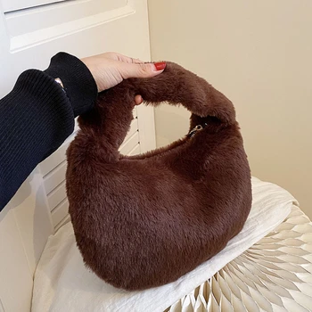 Kürk Kadın Yarım Ay Çanta Lüks Sıcak Peluş Tote Sevimli Çanta Kadınlar için Moda Kürklü Kısa Saplı Debriyaj Bayanlar bozuk para çantaları