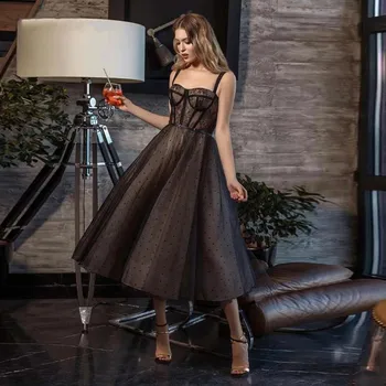 Kısa Siyah Parti balo kıyafetleri 2022 Polka-Dot Çay Boyu Dantel gece elbisesi Kızlar İçin Aç Geri Kolsuz Tül Custom Made