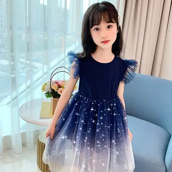 Kız yaz elbisesi, Yıldızlı Gökyüzü Degrade Kısa kollu Elbise Prenses Elbise Çocuklar Kızlar için Elbiseler Kızlar için Elbise