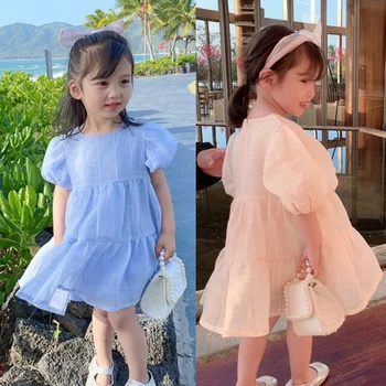 Kızlar Pamuk Kabarcık Kollu Katı Renk Ruffles Moda Gazlı Bez Nefes Elbiseler Prenses 2021 Yaz Yeni Çocuk Yürümeye Başlayan Elbise