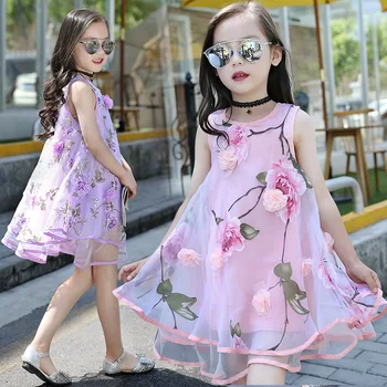 Kızlar Yaz Plaj Elbise Yürümeye Başlayan Çocuklar Tek Parça Kolsuz Çiçek Prenses Parti Elbiseler Kızlar için Giysi 5 6 8 10 12 13 14 Yıl
