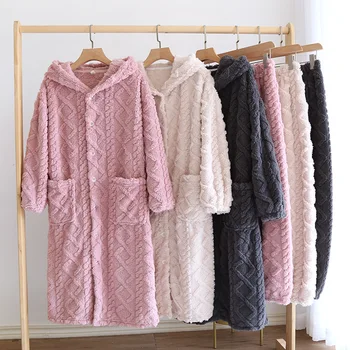 Kış Kalın Sıcak Mercan Kadife Pijama Gecelik Kadın Kapşonlu flanel Elbise Seti Çift Uzun Gecelik Rahat Erkekler Ev Giysileri