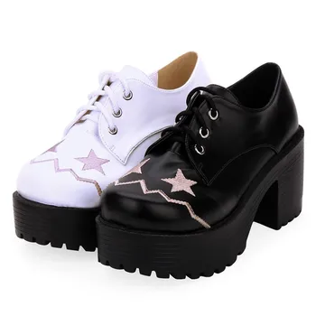 Lolita Japon kawaii kız ayakkabı yuvarlak ayak öğrenci yüksek topuk 5-8cm işlemeli yıldız dantel okul ayakkabısı kalın alt cosplay loli