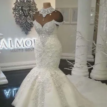 Lüks Dubai Arapça Mermaid düğün elbisesi 2019 Boncuklu Kristaller Mahkemesi Tren Düğün gelinlikler Artı Boyutu Custom Made