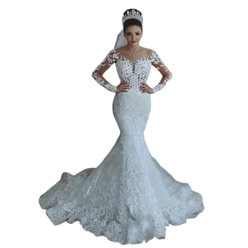 Lüks Parlak Dantel Aplikler Mermaid düğün elbisesi Ayrılabilir Tren ile Afrika Evlilik Resmi Uzun Kollu gelinlikler
