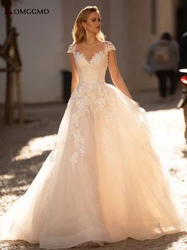 Lüks Sevgiliye Boyun Nakış Aplikler Tül A-Line düğün elbisesi Custom Made Düğme Geri Cap Sleeve Dantel gelin kıyafeti