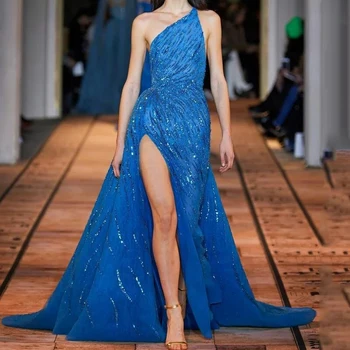 Mavi Denizkızı Seksi Yüksek Bölünmüş Abiye Giyim 2022 Lüks Boncuklu Zarif Kadınlar İçin Parti Elbise