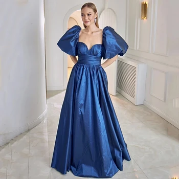 Mavi Prenses balo kıyafetleri Saten Pilili Kabarcık Kollu Seksi Kare Boyun A-Line Moda Ünlü Muhteşem Resmi Plaj Düğün