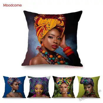 Moda dergi kapağı Afrika Kız Kadın Siyah Güzellik Başörtüsü Dekoratif Kanepe Yastık Kılıfı Keten Ev Dekorasyon minder örtüsü