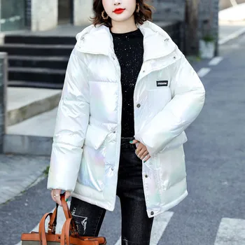 Moda Kadın Kış sıcak Parkas Renkli Lazer Kumaş Cep Düğmesi Pamuk Ceket Aşağı Ekmek Parkas Dış Giyim Abrigos Mujer Z30