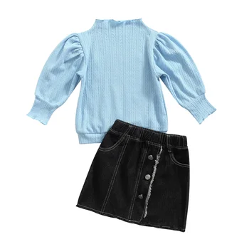 Moda Kız Sonbahar Giysileri Kıyafetler Düz Renk Fener Kollu Balıkçı Yaka T-shirt ve Kot Kısa Etek İki Parçalı Takım Elbise