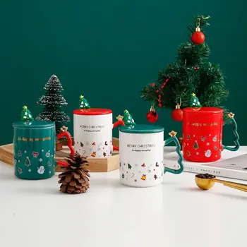 Noel Kupa Noel Ağacı Dekoratif Seramik Su Şişesi ile Kapak ve Kaşık Rahat Kavrama Güzel Çift Kahve Fincanı Hediye
