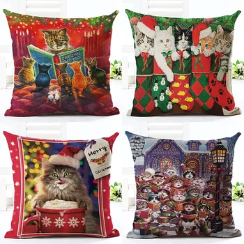 Noel Tarzı Sevimli Kedi Baskılı minder örtüsü Pamuk Keten Kare Moda Karikatür Ev Eşyaları Atmak Yastık Kılıfı Almofadas Cojines