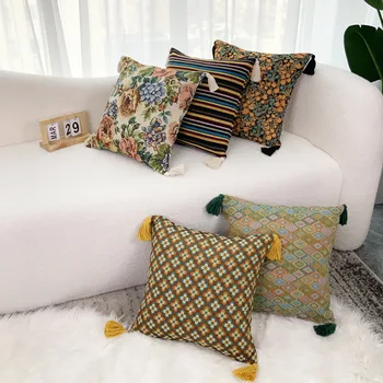 Nostaljik retro ipliği boyalı jakarlı yastık kılıfı geometrik minder örtüsü vintage kanepe bel yastığı kapakları