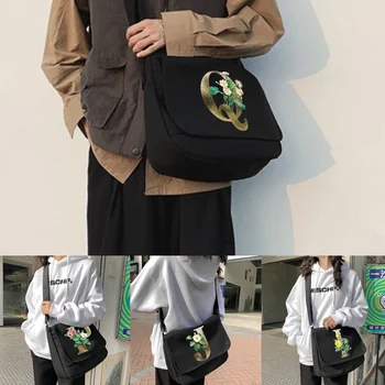 Omuz askılı postacı çantaları Harajuku Tuval Crossbody Çanta Kadın Japon Çapraz Kese Öğrenci Zarf Çanta Altın Çiçek Desen