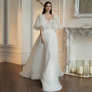 Organze düğün elbisesi Kısa Puf Kollu Backless A-line Uzun gelinlikler Gelinler Elbise TT470