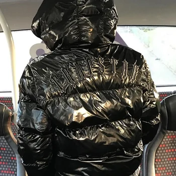 Parlak Siyah Londra şişme ceket erkekler Kadınlar Kışlık Mont Tra Hoodie Yıldız Mektup Nakış Parlak Ceket ayrılabilir kapüşon Üst
