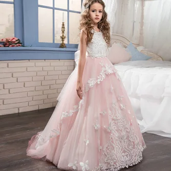 Pembe Dantel Düğün Dantel Çiçek Kız Elbise Düğün için İlk Communion Elbise Kızlar için Pageant Elbise Balo Custom Made