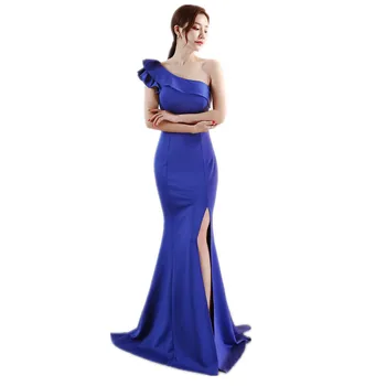Resmi Gece elbisesi 2021 Yeni Mermaid Fırfır Fırfır Bir Omuz streç Uzun Balo elbise Fermuar geri Kolsuz Seksi Roby De