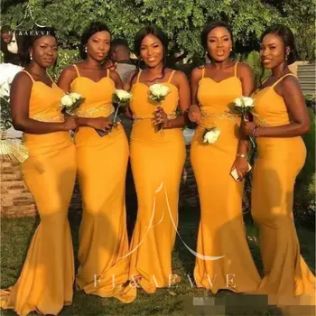 Sarı Saten Zarif Elbise Kadınlar için Düğün Parti Elbise Mermaid Spagetti Sapanlar gelinlik modelleri Nedime Kadın 2022