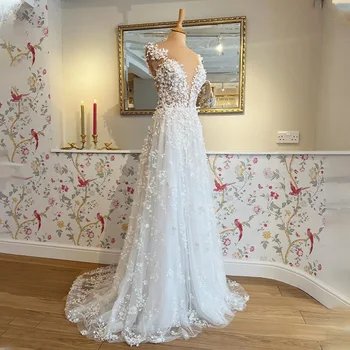 Seksi A-Line düğün elbisesi 2023 Vintage Dantel Aplike Boncuklu Beyaz Tül gelinlikler Trouwjurk Uzun Gelin Elbise