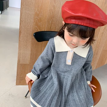 Sevimli Bebek Kız Uzun Kollu Elbise Kore Tiki Tarzı Çocuklar Örme Pilili Elbiseler 2021 İlkbahar Sonbahar Rahat Çocuk Giysileri