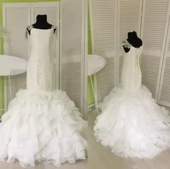 Sevimli Denizkızı Çiçek Kız Elbise Dantel Aplike Lace Up Çiçek Kız Elbise Düğün için Özel Yapılmış