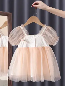 Sevimli Ekose Bebek Kız Tül Elbise 2022 Yaz Kore Şık Kısa Puf Kollu Fırfır Çocuklar Kız Prenses Elbiseler için Parti 1-6Y