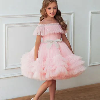 Sevimli Şeffaf Kollu Pembe çocuk Parti Elbise A-line Katmanlı Tül Diz Boyu Çiçek Kız Elbise Yay ile Genç Nedime Giyim