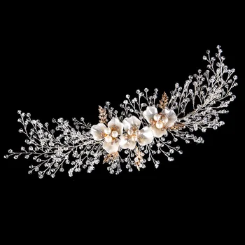 SLBRIDAL El Yapımı Kablolu Kristal Rhinestone İnciler Çiçek Düğün Saç aksesuarları Saç Vine Hairband Gelin Kafa Nedime
